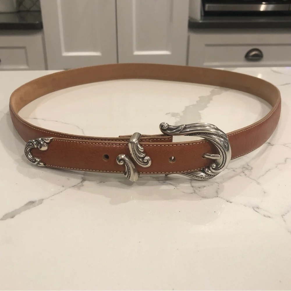 Coldwater Creek Tan Leather Silver Scroll Western Boho Coastal Granny Belt XL